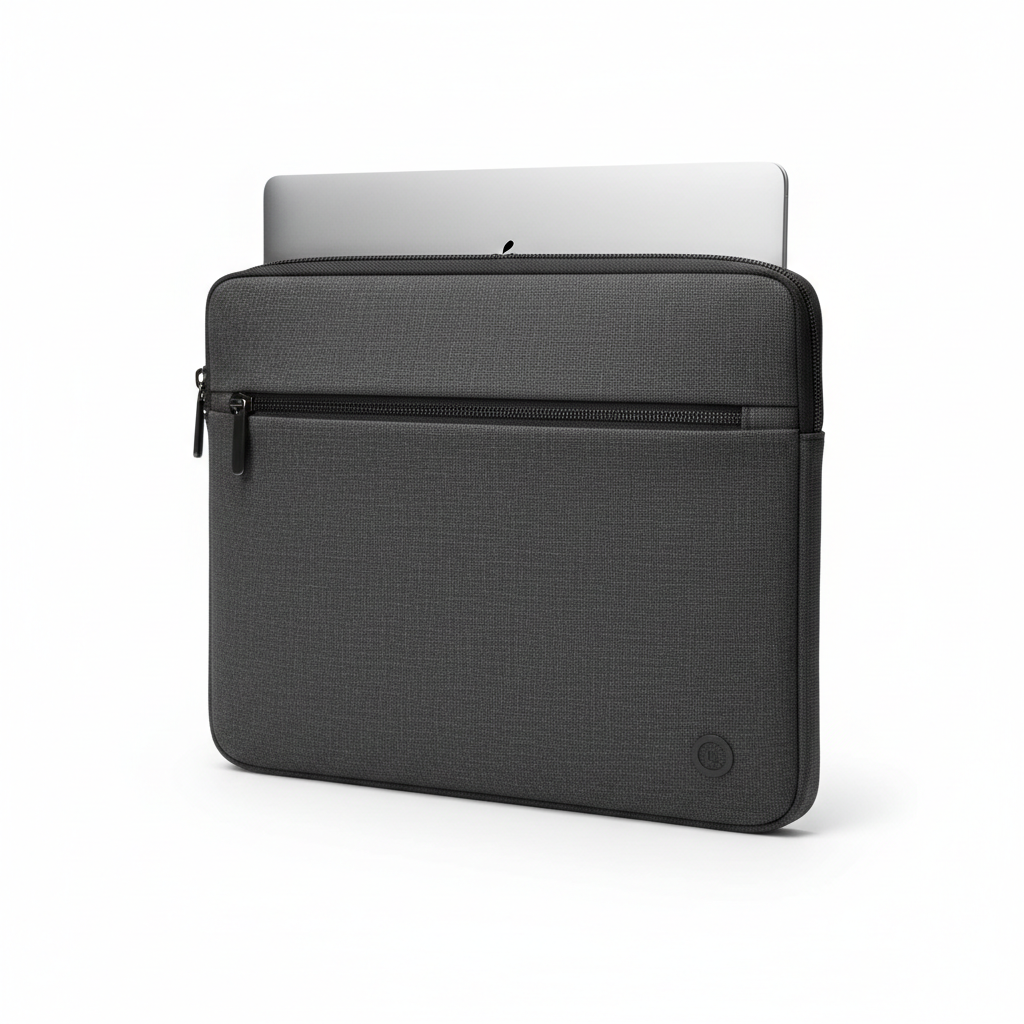 Slim charcoal gray laptop sleeve bag partially open showing laptop inside