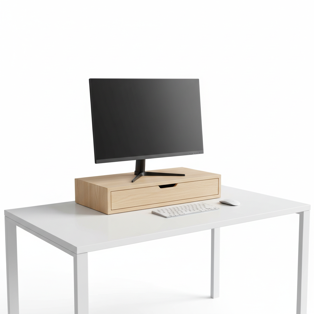 Natural wood monitor riser with storage drawer on a clean desk