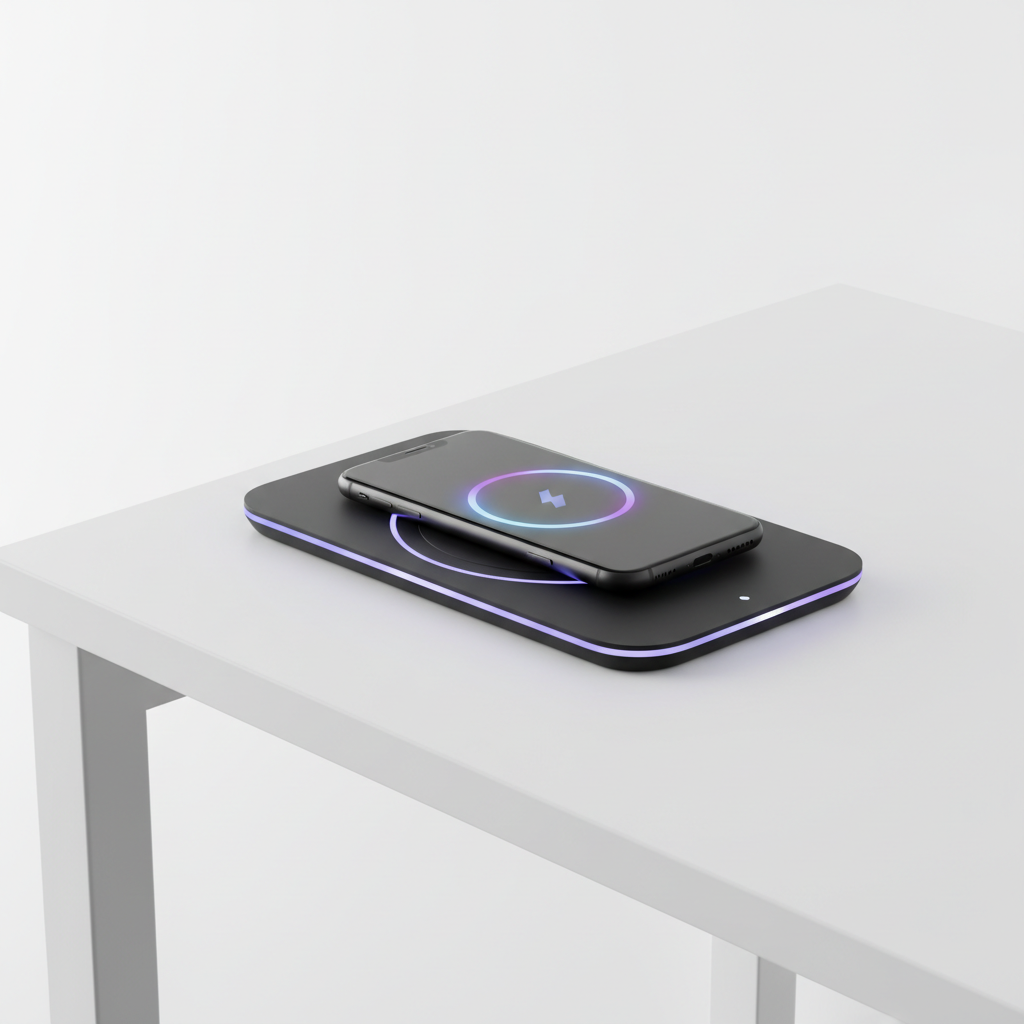 Sleek wireless charging pad with smartphone charging on a desk
