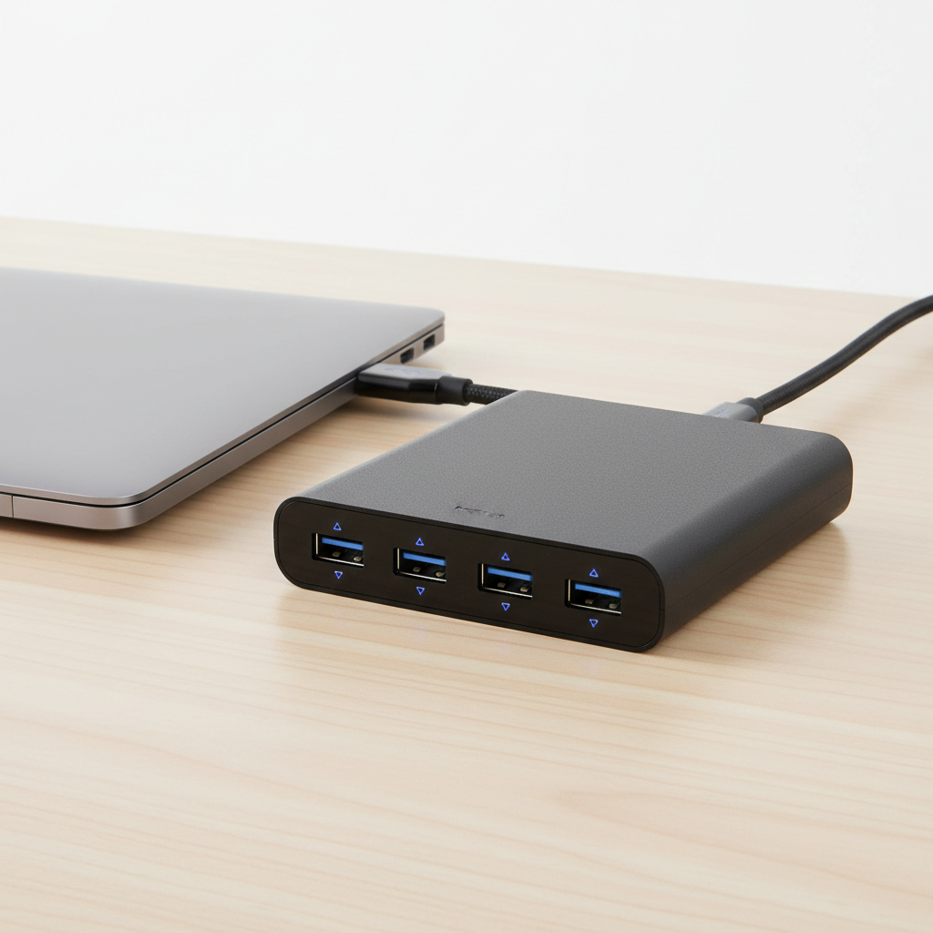 7-port USB-C hub on a desk next to a laptop