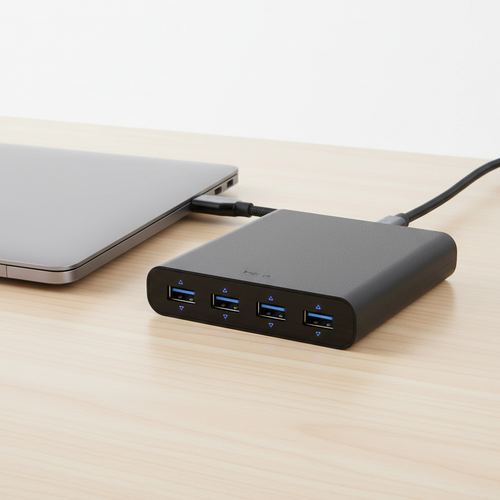 7-port USB-C hub on a desk next to a laptop