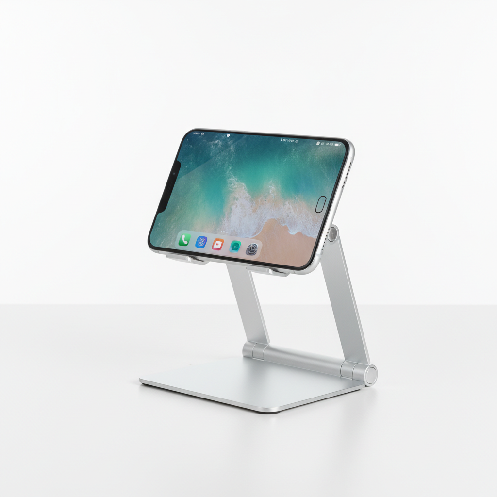 Adjustable silver aluminum phone and tablet stand on a clean desk